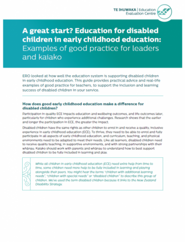 A Great Start? Education for Disabled Children in Early Childhood Education: Examples of Good Practice for Leaders and Kaiako