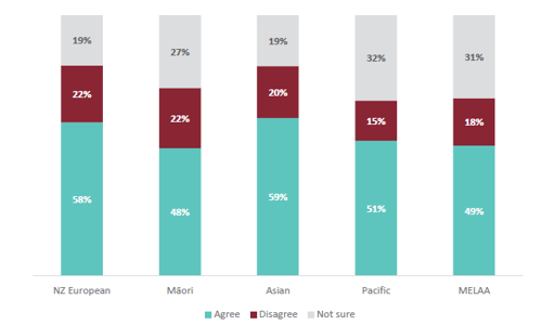 Figure 57 is a graph showing students’ agreement that they enjoy learning about Social Sciences, for different ethnicities.  For NZ European students, 58% agree that they enjoy learning about Social Sciences. 22% of NZ European students disagree that they enjoy learning about Social Sciences. 19% are not sure. For Māori students, 48% agree that they enjoy learning about Social Sciences. 22% of Māori students disagree that they enjoy learning about Social Sciences. 27% are not sure. For Asian students, 59% agree that they enjoy learning about Social Sciences. 20% of Asian students disagree that they enjoy learning about Social Sciences. 19% are not sure. For Pacific students, 51% agree that they enjoy learning about Social Sciences. 15% of Pacific students disagree that they enjoy learning about Social Sciences. 32% are not sure. For MELAA students, 49% agree that they enjoy learning about Social Sciences. 18% of MELAA students disagree that they enjoy learning about Social Sciences. 31% are not sure.