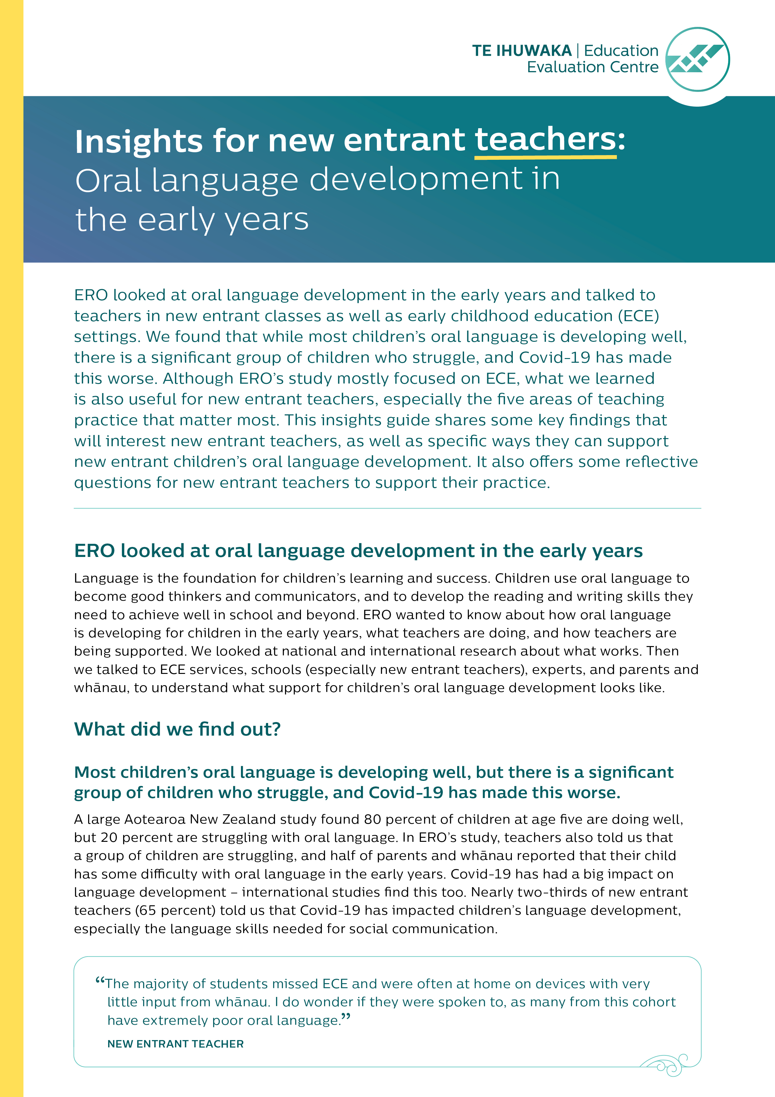 Insights for new entrant teachers: Oral language development in the early years