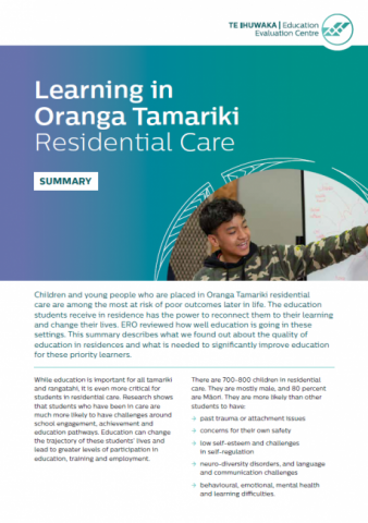 Learning in Oranga Tamariki Residential Care - Summary