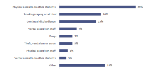 Figure seven shows the percentage of students stood-down in 2022 by behaviour category. 29% of students were stood down for ‘physical assaults on other students’; 16% for ‘smoking/vaping or alcohol’; 14% for ‘continual disobedience’; 7% for ‘verbal assaults on staff’; 5% for ‘drugs’; 5% for ‘theft, vandalism or arson’; 3% for ‘physical assault on staff’; 3% for ‘Verbal assaults on other students; and 18% for ‘other’.