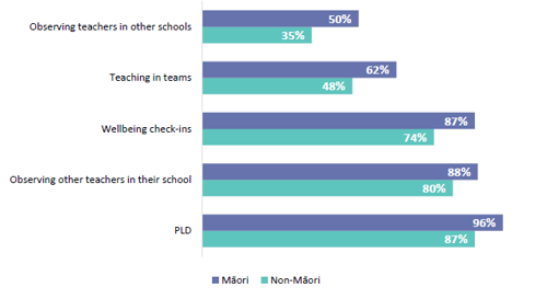 Figure 56 is a graph showing the types of support received by Māori and non-Māori new teachers.  50% of Māori and 35% of non-Māori new teachers received the support of observing teachers in other schools.  62% of Māori and 48% of non-Māori new teachers received the support of teaching in teams.  87% of Māori and 74% of non-Māori new teachers received the support of wellbeing check-ins. 88% of Māori and 80% of non-Māori new teachers received the support of observing other teachers in their schools.  96% of Māori and 87% of non-Māori new teachers received the support of PLD.