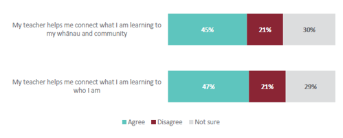 Figure 61 is a graph showing students’ agreement that their teacher connects what they are learning to their whānau and community, and to who they are, when learning Social Sciences.  45% of students agree that their teacher helps them connect what they are learning to their whānau and community, when learning Social Sciences. 21% of students disagree that their teacher helps them connect what they are learning to their whānau and community, when learning Social Sciences. 30% are not sure. 47% of students agree that their teacher helps them connect what they are learning to who they are, when learning Social Sciences. 21% of students disagree that their teacher helps them connect what they are learning to who they are, when learning Social Sciences. 29% are not sure