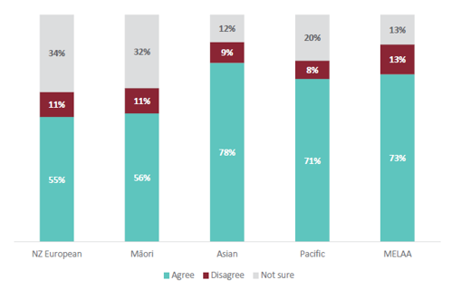 Figure 77 is a graph showing parent and whānau agreement about whether their child can see themselves represented in the things they are learning in Social Sciences, for different ethnicities. For NZ European parents and whānau, 55% agree that their child can see themselves represented in the things they are learning in Social Sciences. 11% of NZ European parents and whānau disagree that their child can see themselves represented in the things they are learning in Social Sciences. 34% are not sure. For Māori parents and whānau, 56% agree that their child can see themselves represented in the things they are learning in Social Sciences. 11% of Māori parents and whānau disagree that their child can see themselves represented in the things they are learning in Social Sciences. 32% are not sure. For Asian parents and whānau, 78% agree that their child can see themselves represented in the things they are learning in Social Sciences. 9% of Asian parents and whānau disagree that their child can see themselves represented in the things they are learning in Social Sciences. 12% are not sure. For Pacific parents and whānau, 71% agree that their child can see themselves represented in the things they are learning in Social Sciences. 8% of Pacific parents and whānau disagree that their child can see themselves represented in the things they are learning in Social Sciences. 20% are not sure. For MELAA parents and whānau, 73% agree that their child can see themselves represented in the things they are learning in Social Sciences. 13% of MELAA parents and whānau disagree that their child can see themselves represented in the things they are learning in Social Sciences. 13% are not sure.