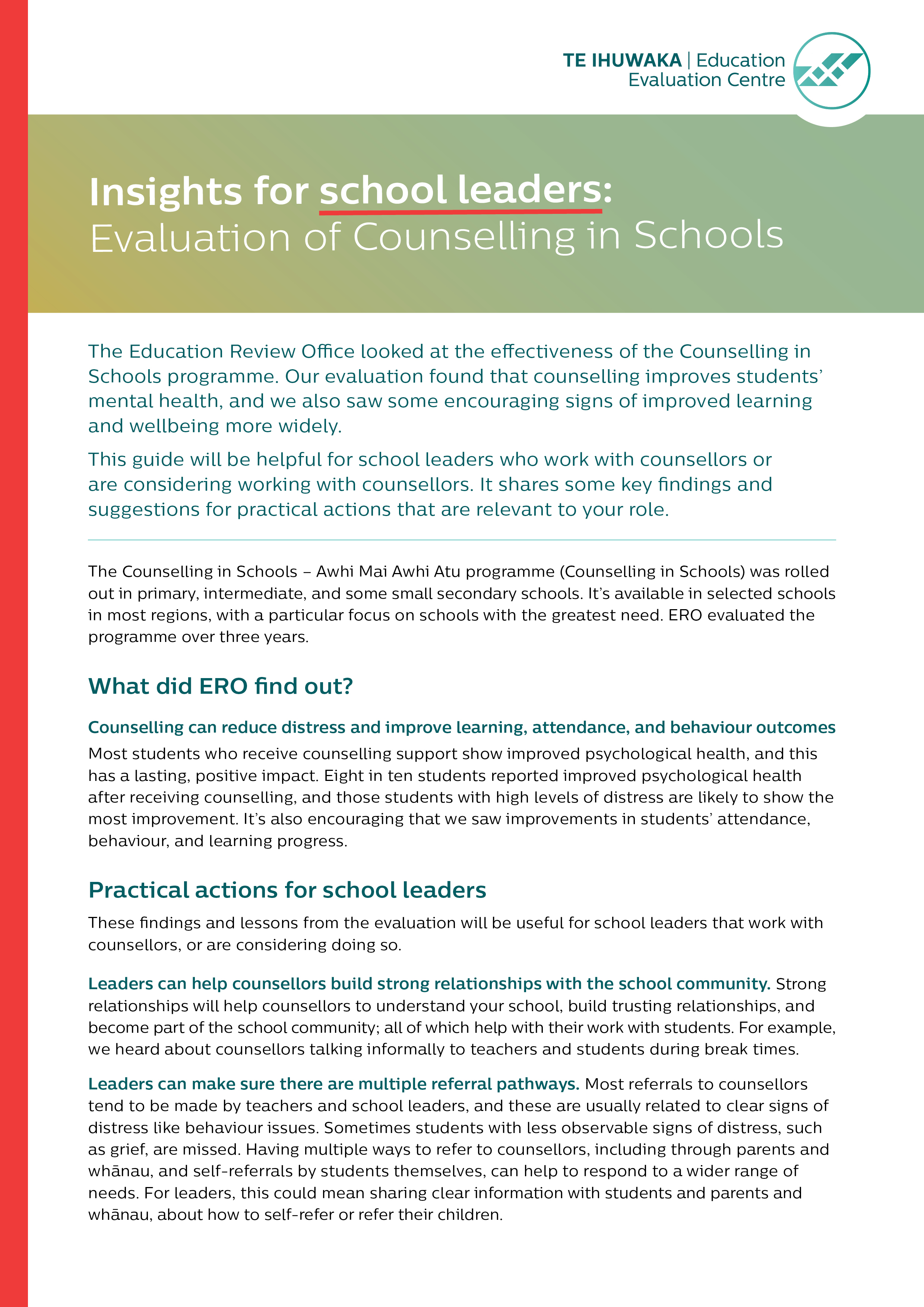 Insights for school leaders: Evaluation of Counselling in Schools