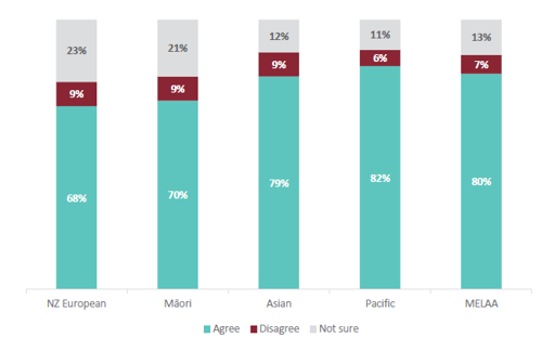 Figure 49 is a graph showing parent and whānau agreement about whether their child feels included when they're learning about ANZ Histories, for different ethnicities. For NZ European parents and whānau, 68% agree that their child feels included when they're learning about ANZ Histories. 9% of NZ European parents and whānau disagree that their child feels included when they're learning about ANZ Histories. 23% are not sure. For Māori parents and whānau, 70% agree that their child feels included when they're learning about ANZ Histories. 9% of Māori parents and whānau disagree that their child feels included when they're learning about ANZ Histories. 21% are not sure. For Asian parents and whānau, 79% agree that their child feels included when they're learning about ANZ Histories. 9% of Asian parents and whānau disagree that their child feels included when they're learning about ANZ Histories. 12% are not sure. For Pacific parents and whānau, 82% agree that their child feels included when they're learning about ANZ Histories. 6% of Pacific parents and whānau disagree that their child feels included when they're learning about ANZ Histories. 11% are not sure. For MELAA parents and whānau, 80% agree that their child feels included when they're learning about ANZ Histories. 7% of MELAA parents and whānau disagree that their child feels included when they're learning about ANZ Histories. 13% are not sure.