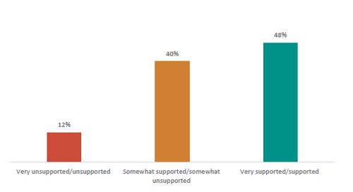 Figure sixty-one shows how supported teachers are to manage challenging behaviour. 12% feel ‘very unsupported/unsupported’; 40% feel ‘somewhat supported/somewhat unsupported’; and 48% feel ‘very supported/supported’.