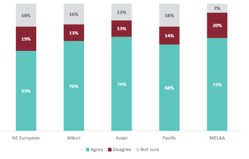 Figure 47 is a graph showing parent and whānau agreement about whether the things their child is learning about ANZ Histories are relevant to their community, for different ethnicities.  For NZ European parents and whānau, 63% agree that the things their child is learning about ANZ Histories are relevant to their community. 19% of NZ European parents and whānau disagree that the things their child is learning about ANZ Histories are relevant to their community. 18% are not sure. For Māori parents and whānau, 70% agree that the things their child is learning about ANZ Histories are relevant to their community. 13% of Māori parents and whānau disagree that the things their child is learning about ANZ Histories are relevant to their community. 16% are not sure. For Asian parents and whānau, 74% agree that the things their child is learning about ANZ Histories are relevant to their community. 13% of Asian parents and whānau disagree that the things their child is learning about ANZ Histories are relevant to their community. 13% are not sure. For Pacific parents and whānau, 68% agree that the things their child is learning about ANZ Histories are relevant to their community. 14% of Pacific parents and whānau disagree that the things their child is learning about ANZ Histories are relevant to their community. 18% are not sure. For MELAA parents and whānau, 73% agree that the things their child is learning about ANZ Histories are relevant to their community. 20% of MELAA parents and whānau disagree that the things their child is learning about ANZ Histories are relevant to their community. 7% are not sure.