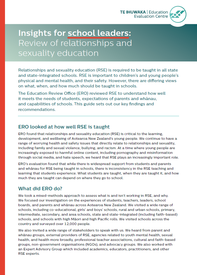 Insights for school leaders: Review of relationships and sexuality education