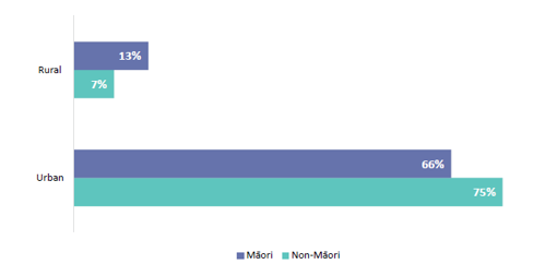 Figure 47 is a graph showing where Māori and non-Māori new teachers work.   13% of Māori and 7% of non-Māori work in rural schools. 66% of Māori and 75% of non-Māori work in urban schools.
