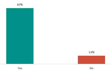 Figure 1 is a graph showing parents and whānau views on whether RSE should be taught in schools.      87% of parents and whānau support RSE to be taught in school, 13% do not.