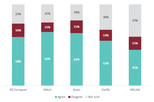 Figure 24 is a graph showing students’ agreement that they are making progress in learning ANZ Histories, for different ethnicities. For NZ European students, 58% agree that they are making progress in learning ANZ Histories. 16% of NZ European students disagree that they are making progress in learning ANZ Histories. 23% are not sure. For Māori students, 62% agree that they are making progress in learning ANZ Histories. 11% of Māori students disagree that they are making progress in learning ANZ Histories. 21% are not sure. For Asian students, 62% agree that they are making progress in learning ANZ Histories. 15% of Asian students disagree that they are making progress in learning ANZ Histories. 19% are not sure. For Pacific students, 53% agree that they are making progress in learning ANZ Histories. 13% of Pacific students disagree that they are making progress in learning ANZ Histories. 30% are not sure. For MELAA students, 41% agree that they are making progress in learning ANZ Histories. 15% of MELAA students disagree that they are making progress in learning ANZ Histories. 37% are not sure.