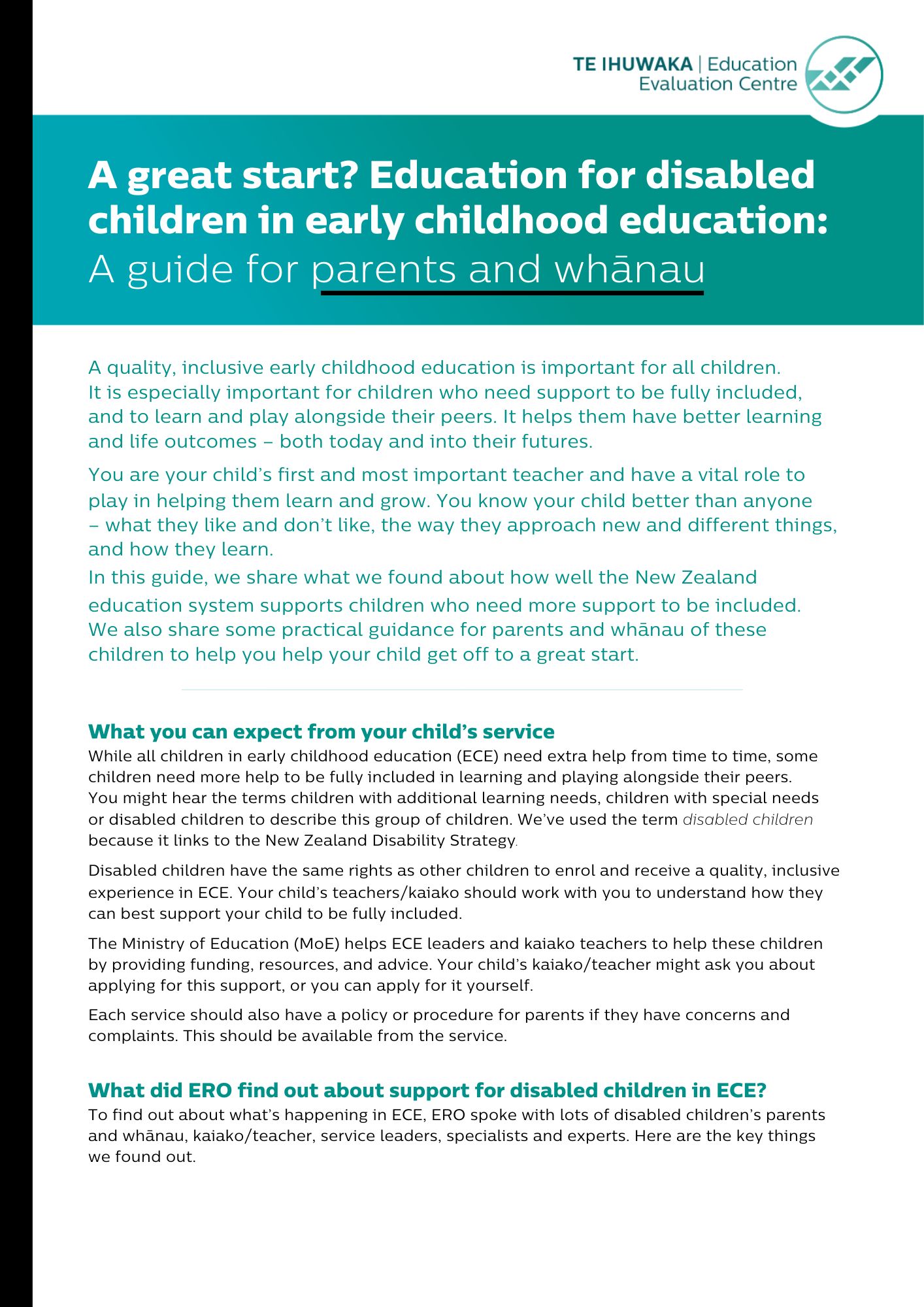 A Great Start? Education for Disabled Children in Early Childhood Education: A Guide for Parents and Whānau