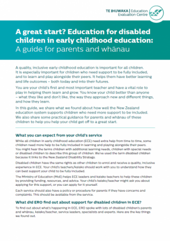 A Great Start? Education for Disabled Children in Early Childhood Education: A Guide for Parents and Whānau